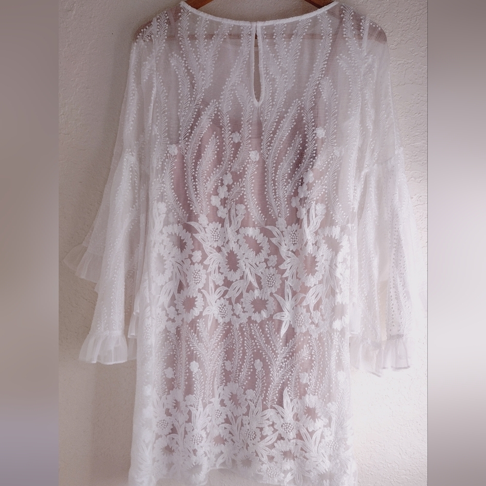 Badgley Mischka Soft White Sheer Lace Mini Dress With Nude Dress Slip - Picture 7 of 8